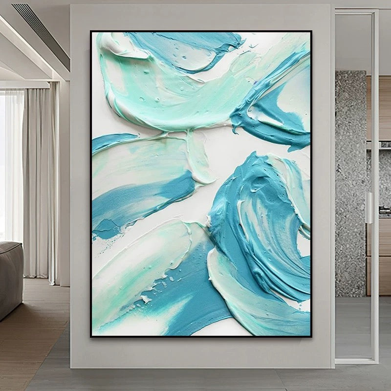 Turquoise en witte gestructureerde muurkunst