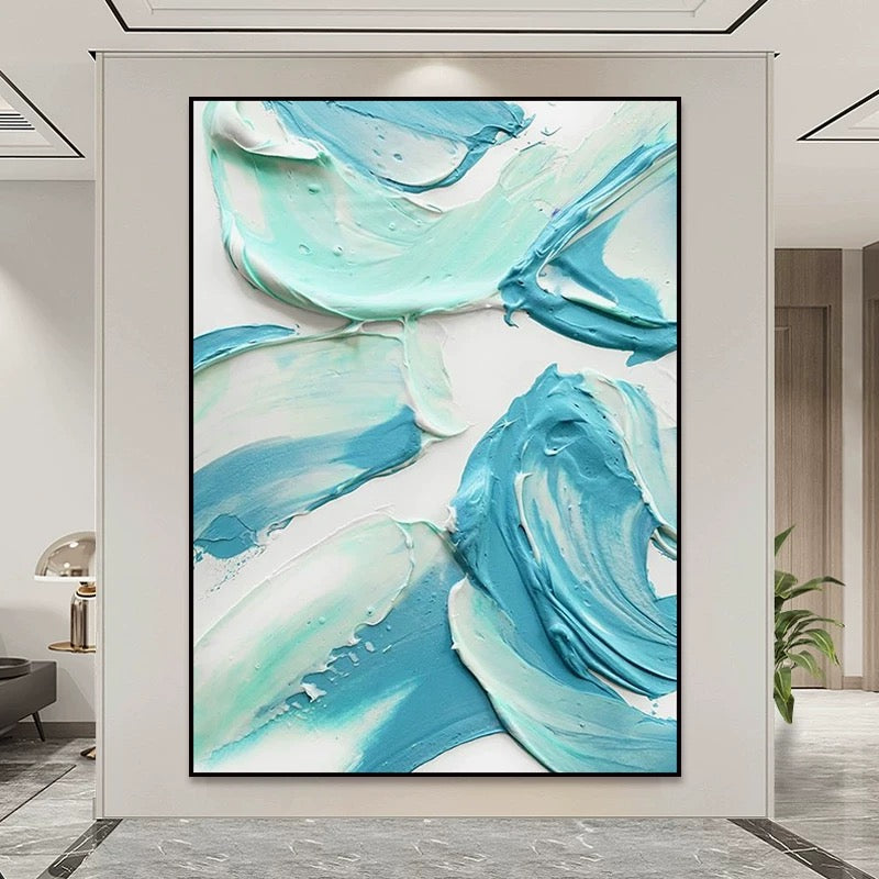 Turquoise en witte gestructureerde muurkunst