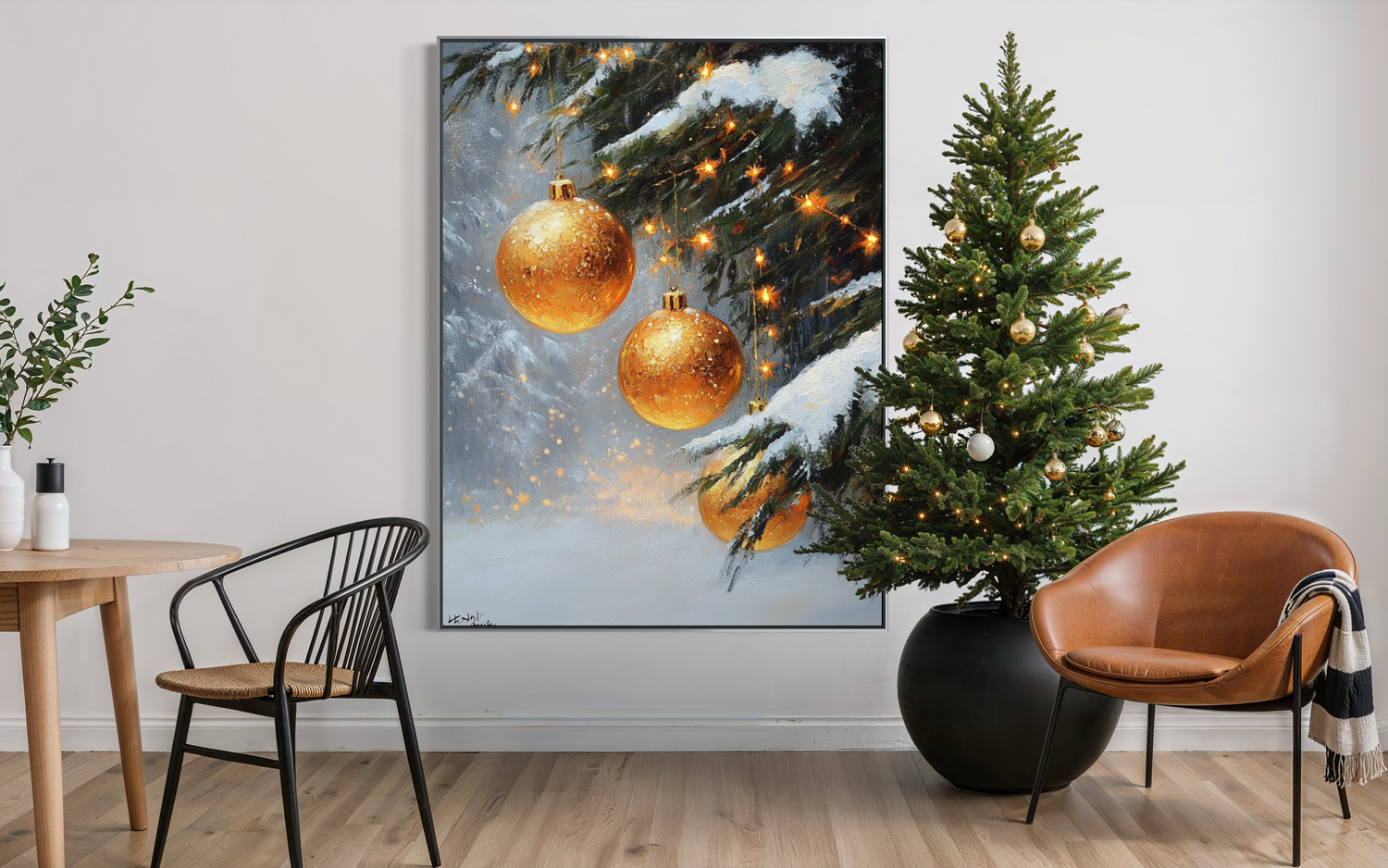 Golden Ornaments in Snow 