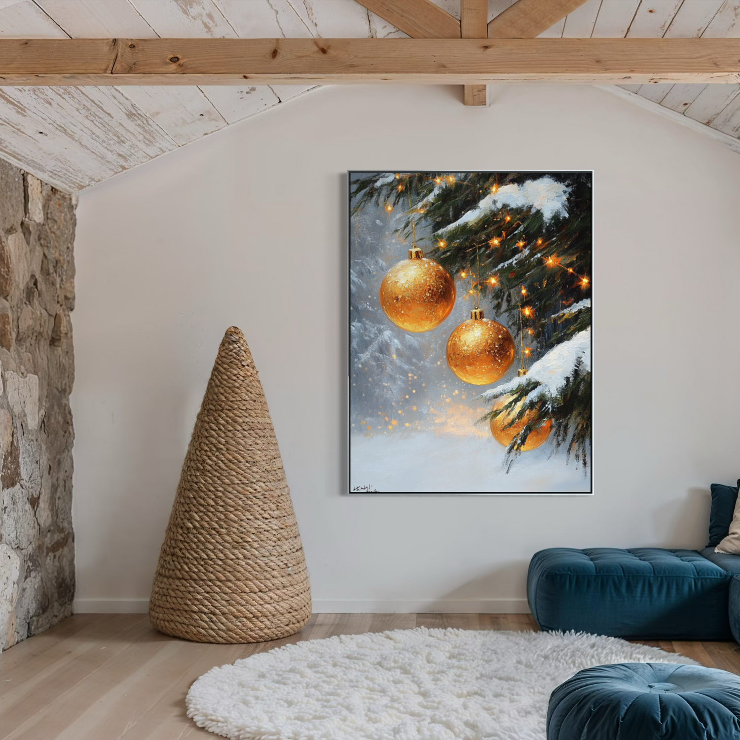 Golden Ornaments in Snow 