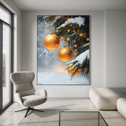 Golden Ornaments in Snow