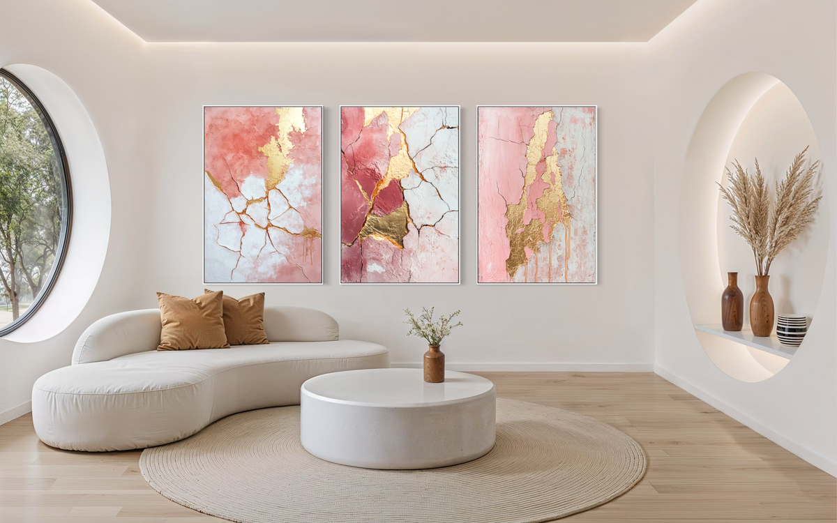 Abstract Pink and Gold Triptych - Hand Painting Arte de pared rosa
