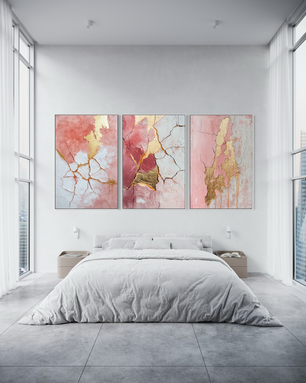 Abstract Pink and Gold Triptych - Hand Painting Arte de pared rosa