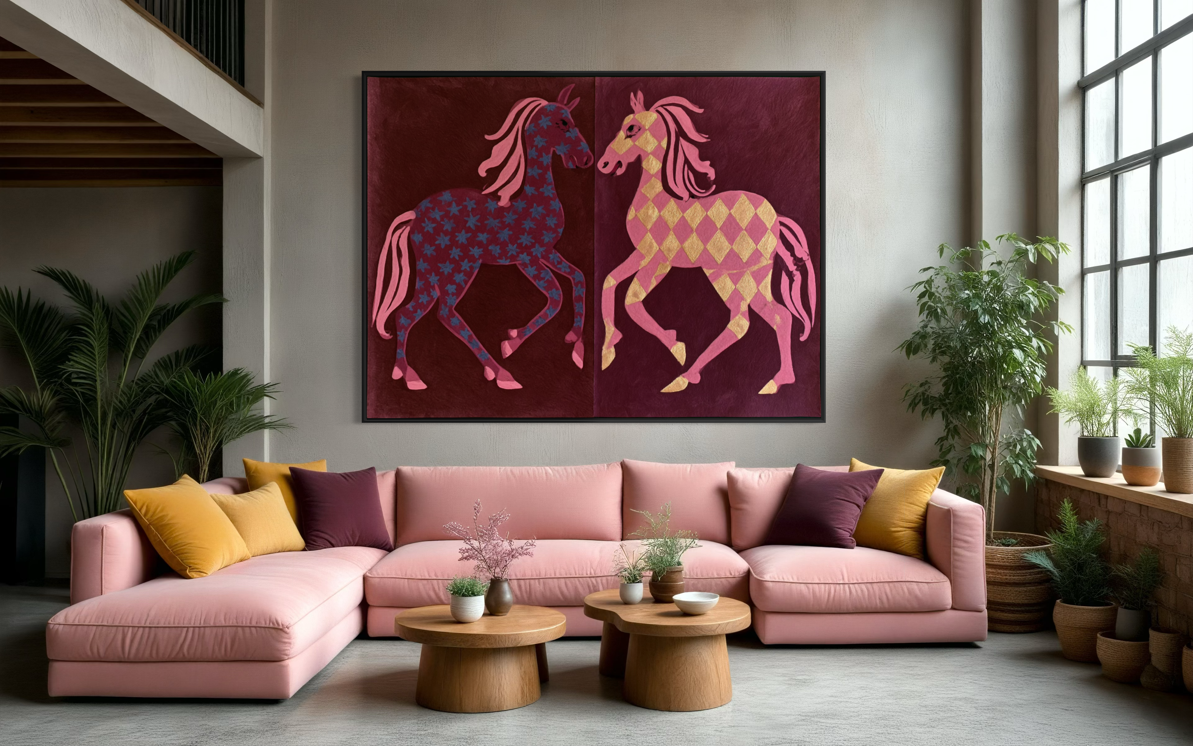 Two Horses in Rose