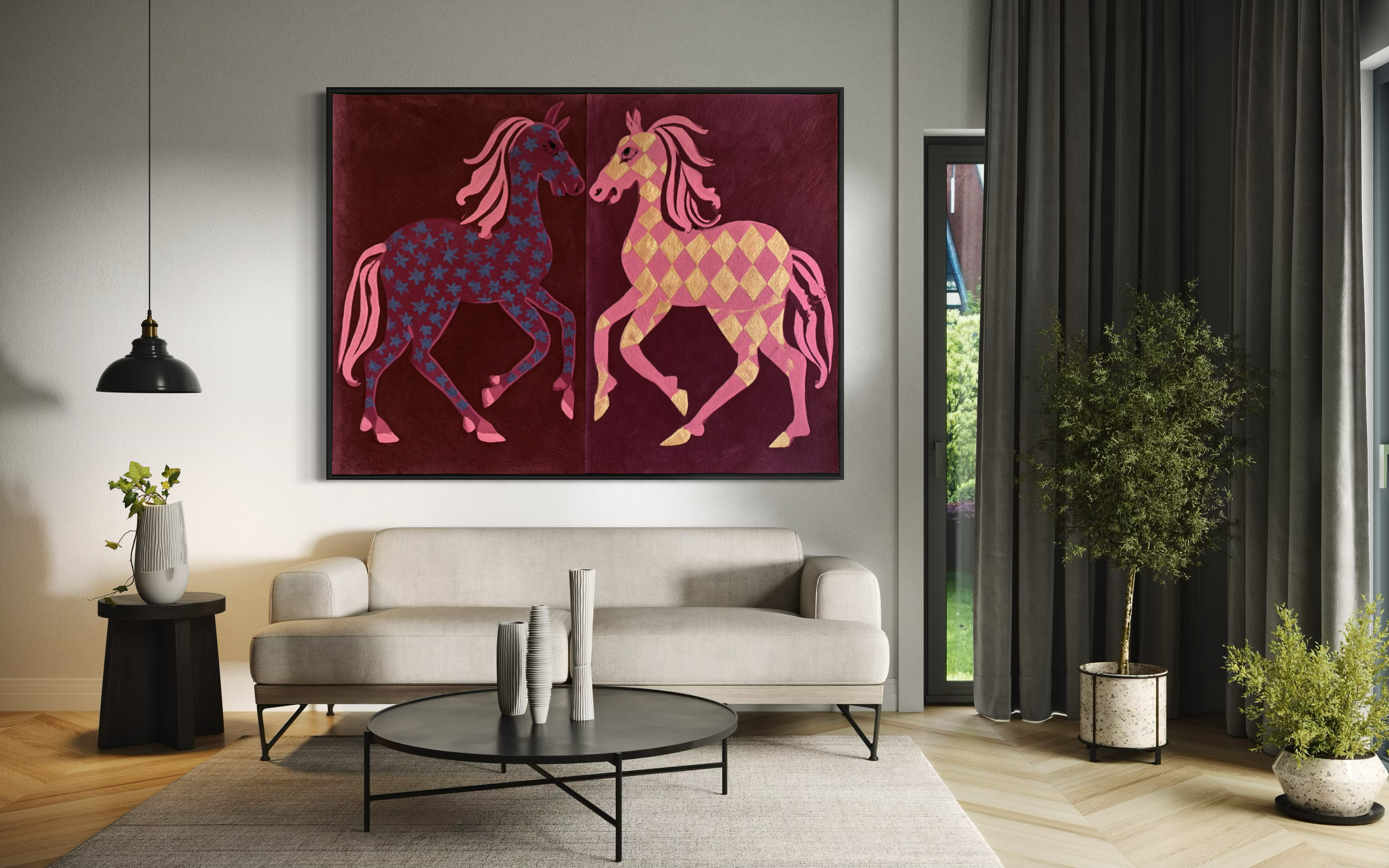 Two Horses in Rose