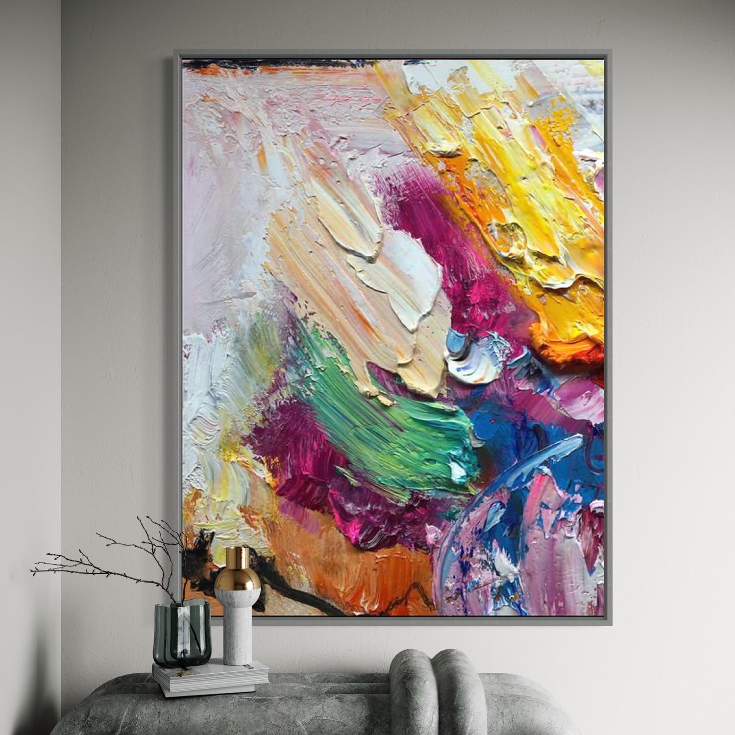 Vibrant hand-painted wall art by Kline Collective® transforming spaces with non-toxic acrylics on museum quality canvas.