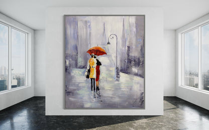 Hand-painted wall art featuring a couple under an umbrella, enhancing modern home decor with vibrant colors and elegance.