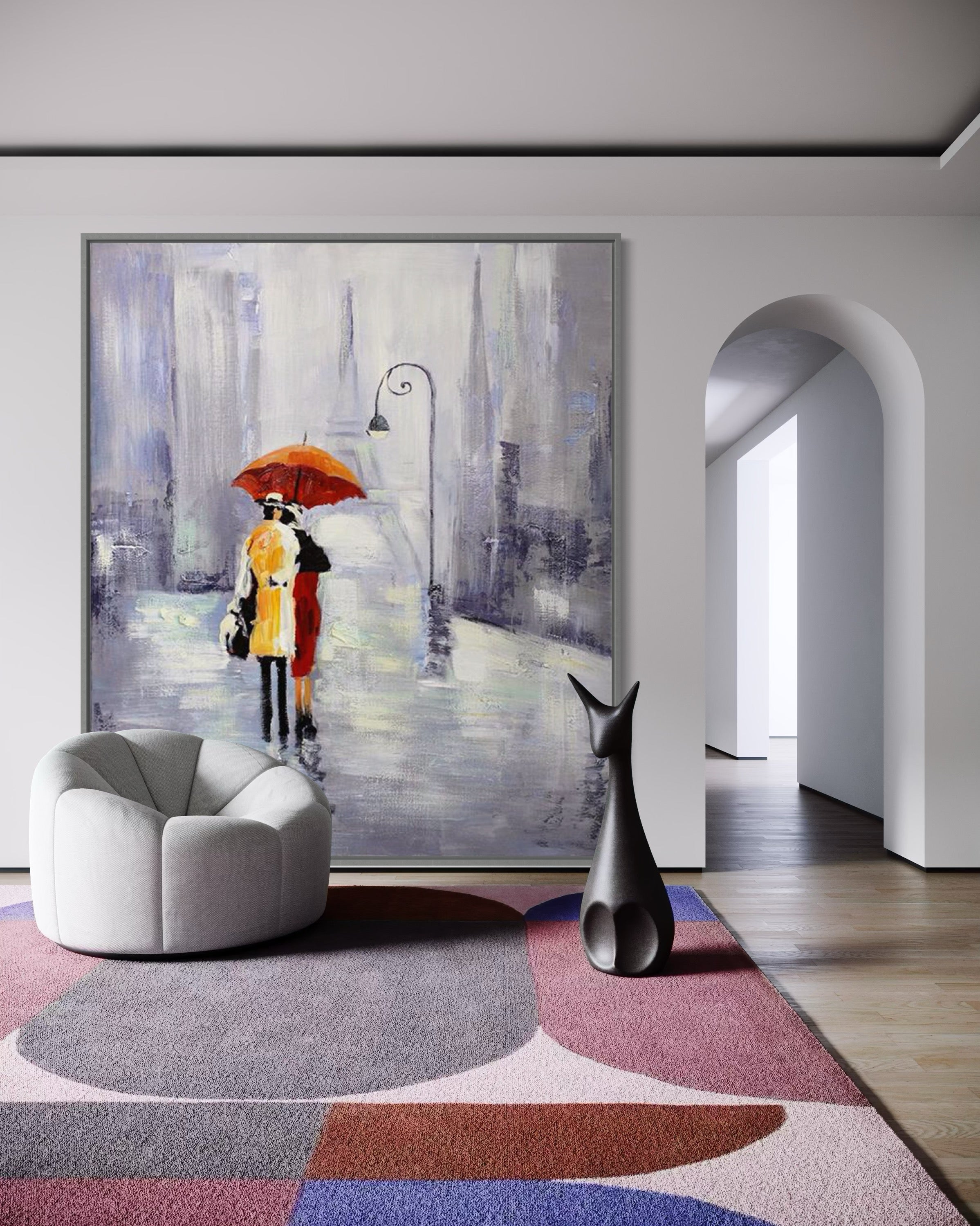 Hand-painted wall art featuring a couple with an umbrella, enhancing modern living space decor.