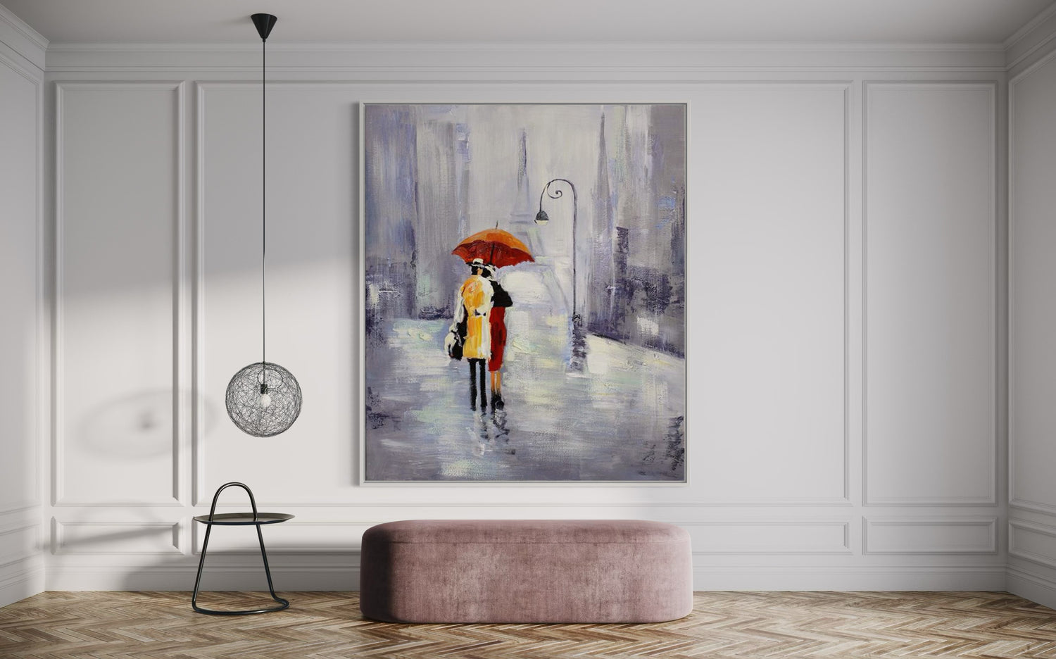 Hand-painted wall art featuring a couple with an umbrella in a Parisian setting, enhancing modern home decor.