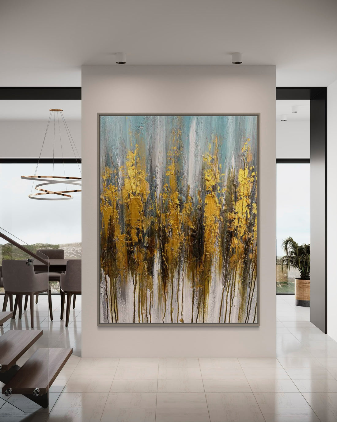 Hand-painted wall art by Kline Collective®, featuring golden foliage on canvas, enhancing modern home decor.