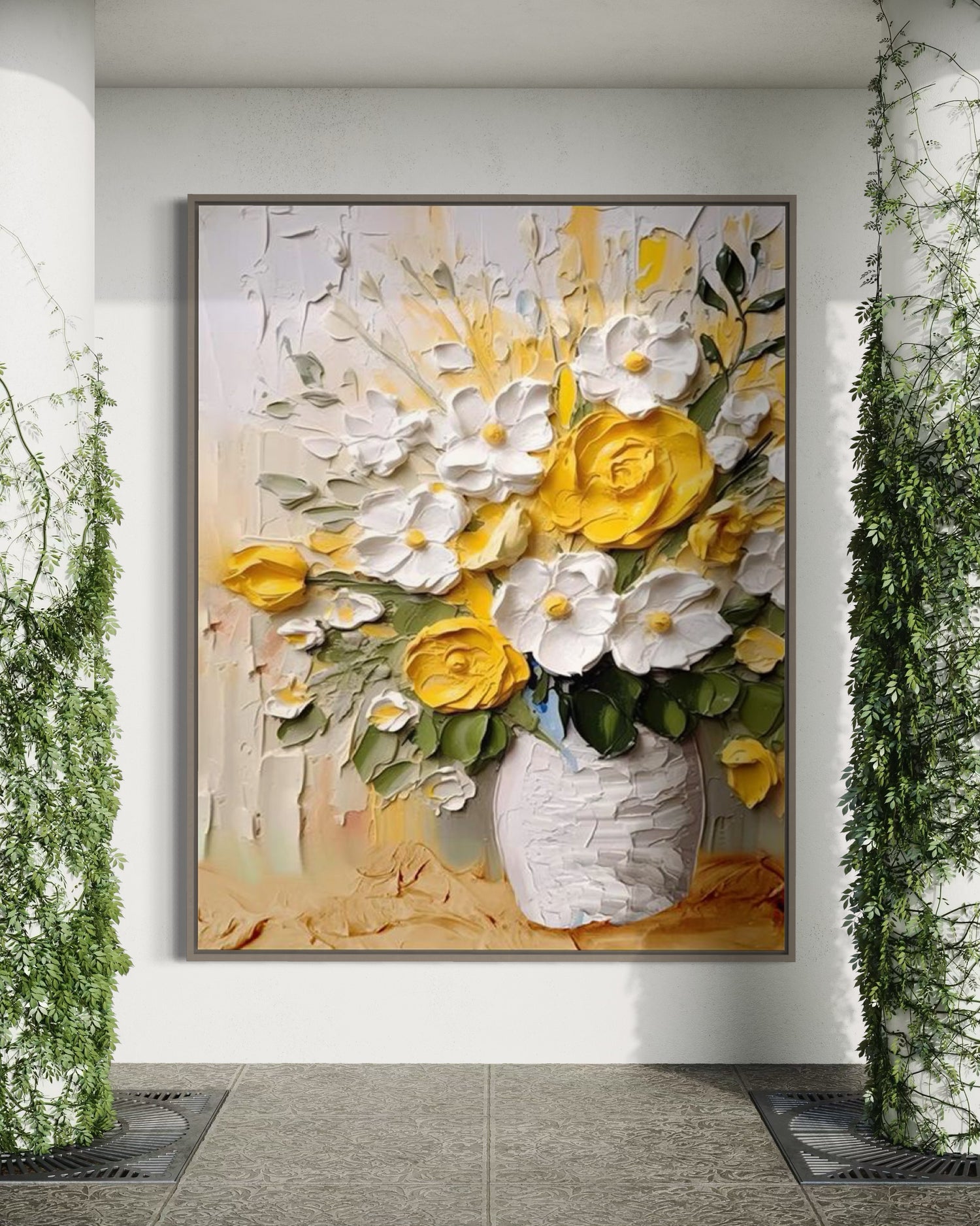 Hand-painted wall art featuring vibrant yellow roses and white flowers in a vase, enhancing any living space.