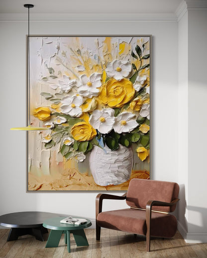 Hand-painted wall art featuring vibrant yellow roses and white flowers in a vase, brightening home decor.