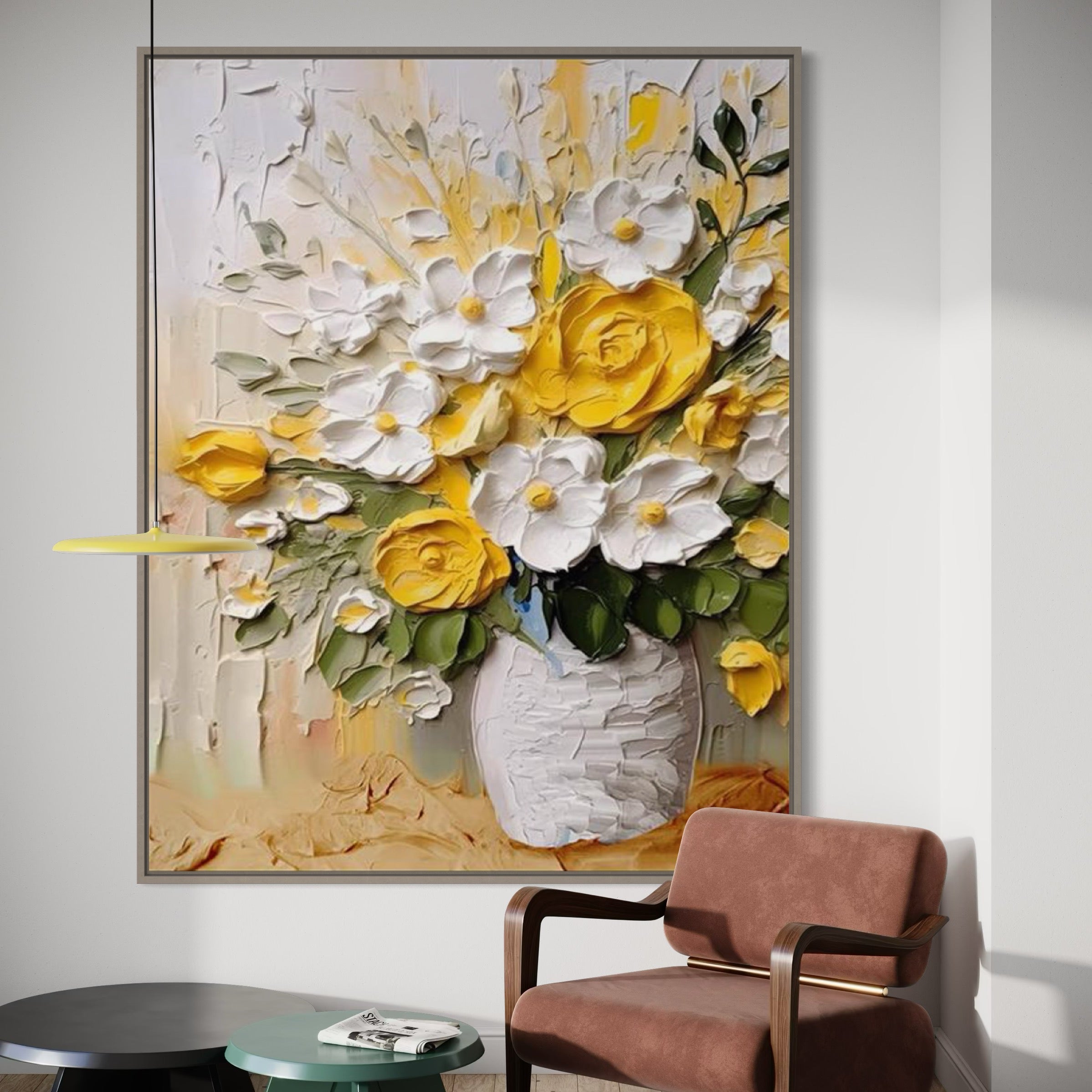 Hand-painted wall art featuring vibrant yellow roses and white flowers in a vase, perfect for home decor.