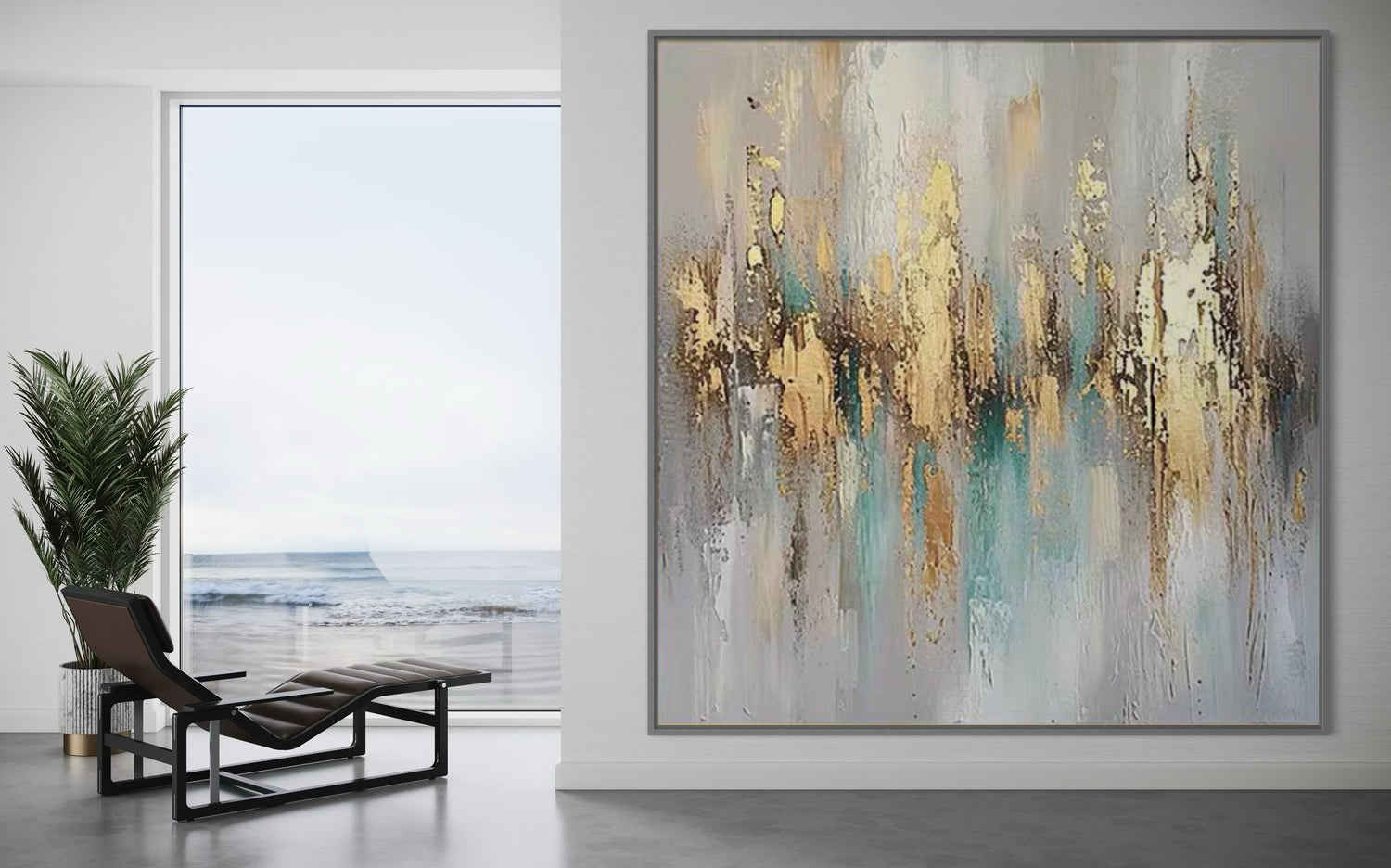 Abstract artwork &quot;Golden Hour in Bloom&quot; showcasing warm gold and amber hues in a serene coastal interior.