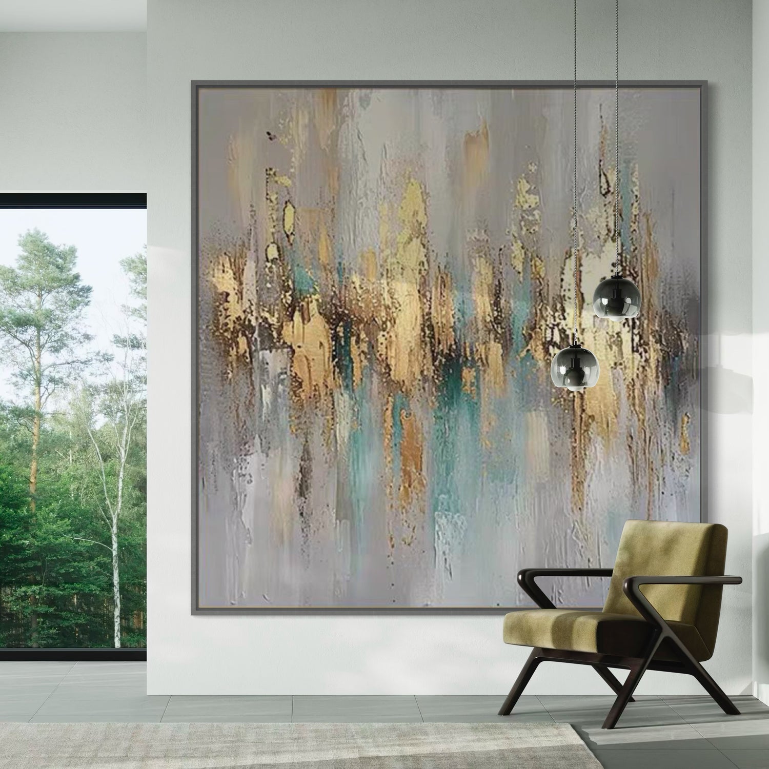 Abstract artwork &quot;Golden Hour in Bloom&quot; featuring warm gold, amber, and teal tones in a modern interior setting.