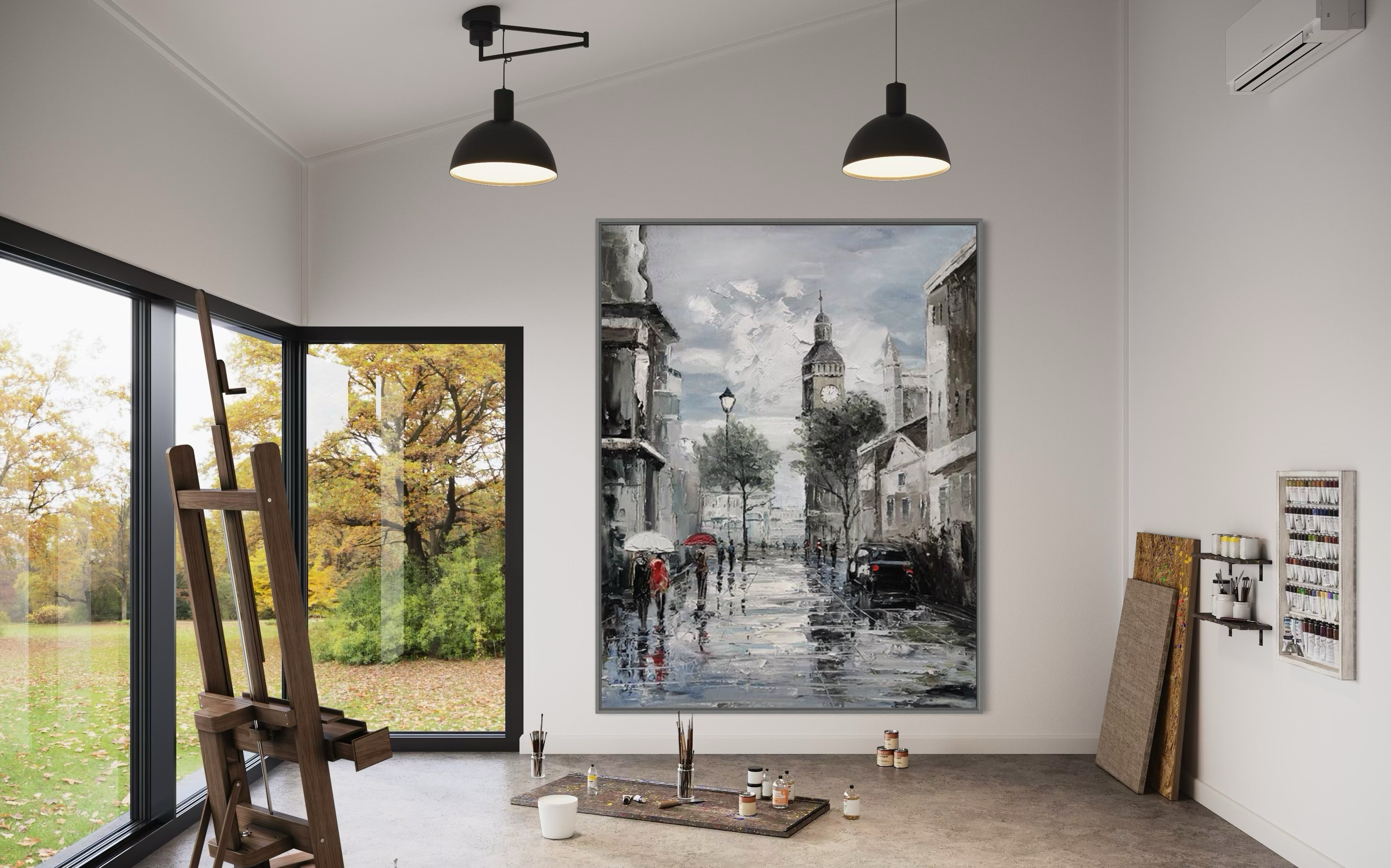 Hand-painted wall art of a Parisian street scene, enhancing modern interior decor with vibrant colors.