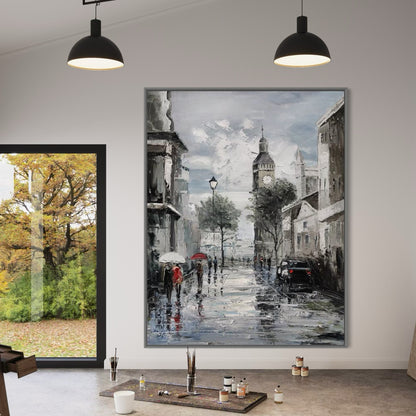 Hand-painted wall art featuring a rainy Parisian street scene, adding elegance to any living space.