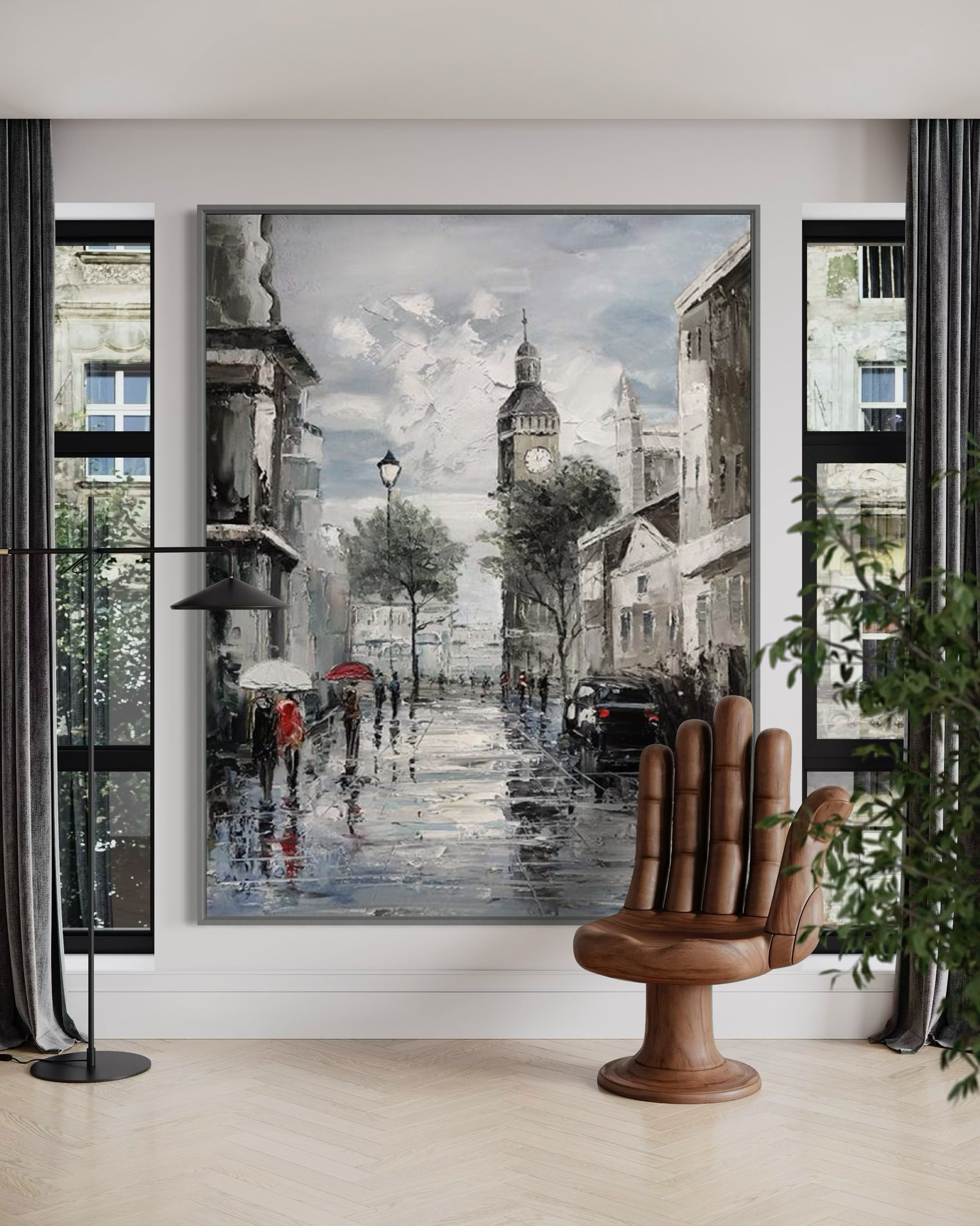 Hand-painted wall art depicting a rainy Paris street scene, enhancing modern home decor.