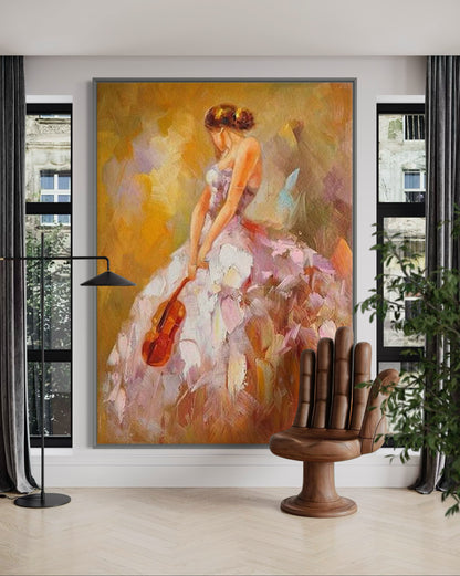 Inspirational abstract art of a woman with a violin, celebrating music and freedom in a vibrant interior setting.