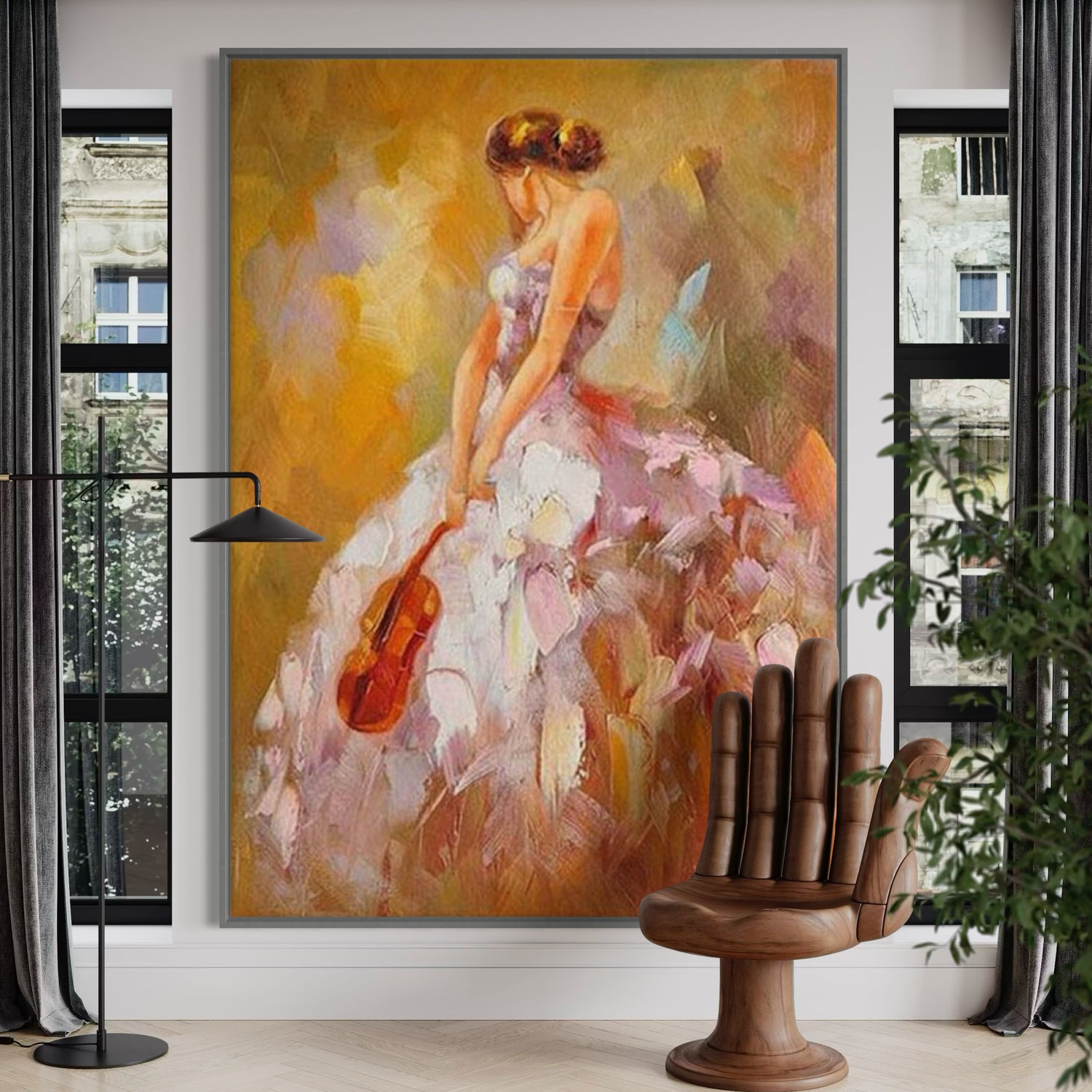 Abstract figurative art depicting a woman in a pink dress holding a violin, celebrating freedom and femininity.