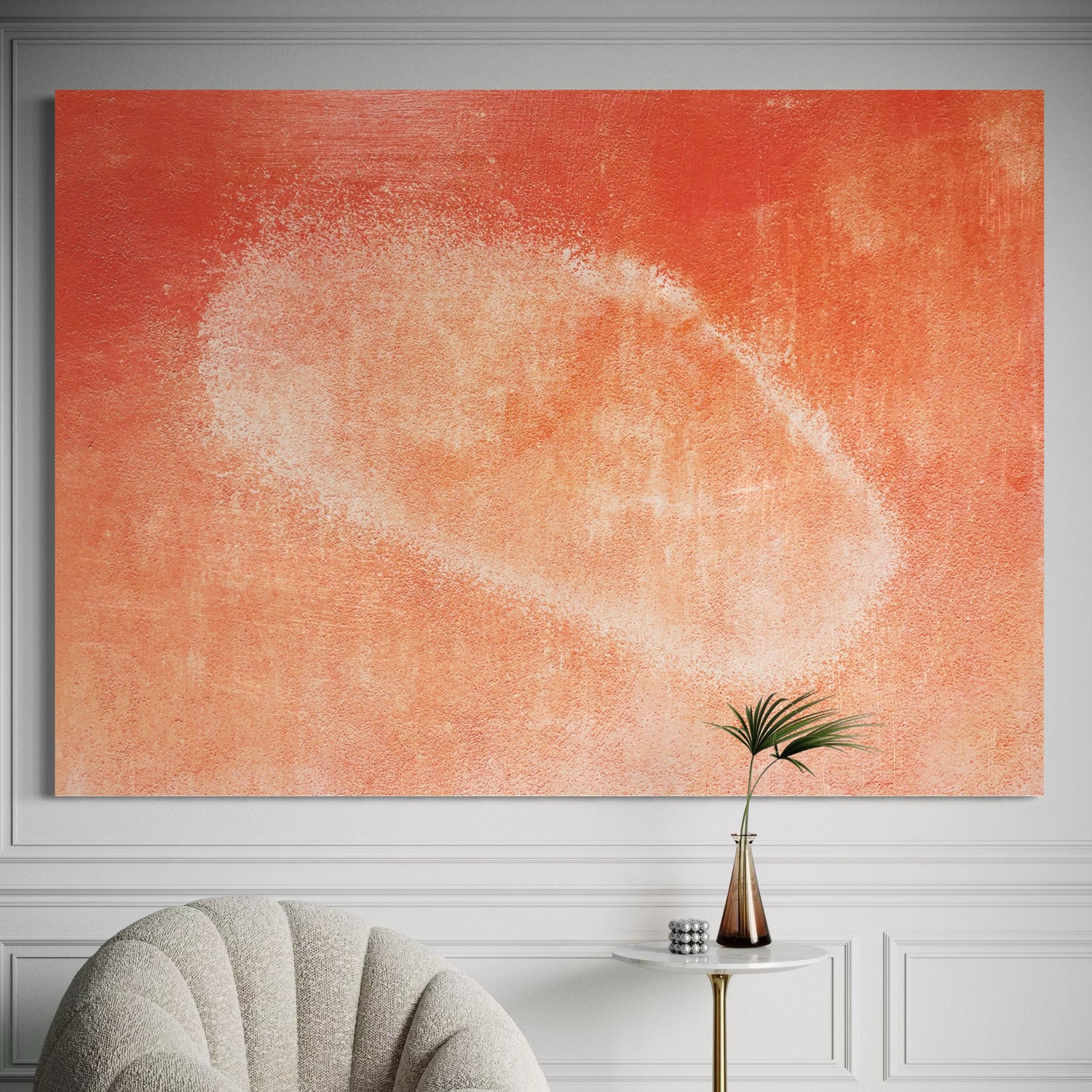 Hand-painted orange wall art by Kline Collective, adding warmth and vitality to modern interiors.