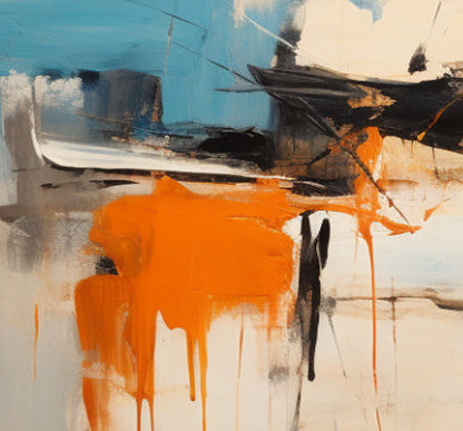 Molten Fury abstract wall art by John Rey U. Hand-painted acrylic on canvas with vibrant orange and blue hues.