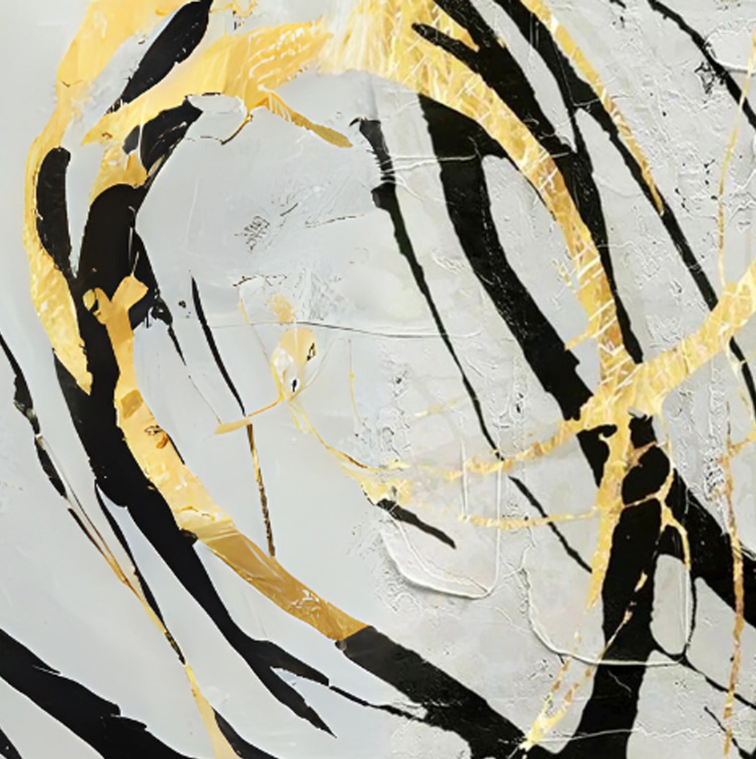 Hand-painted wall art featuring black and gold swirls on canvas, designed to elevate and transform your space.