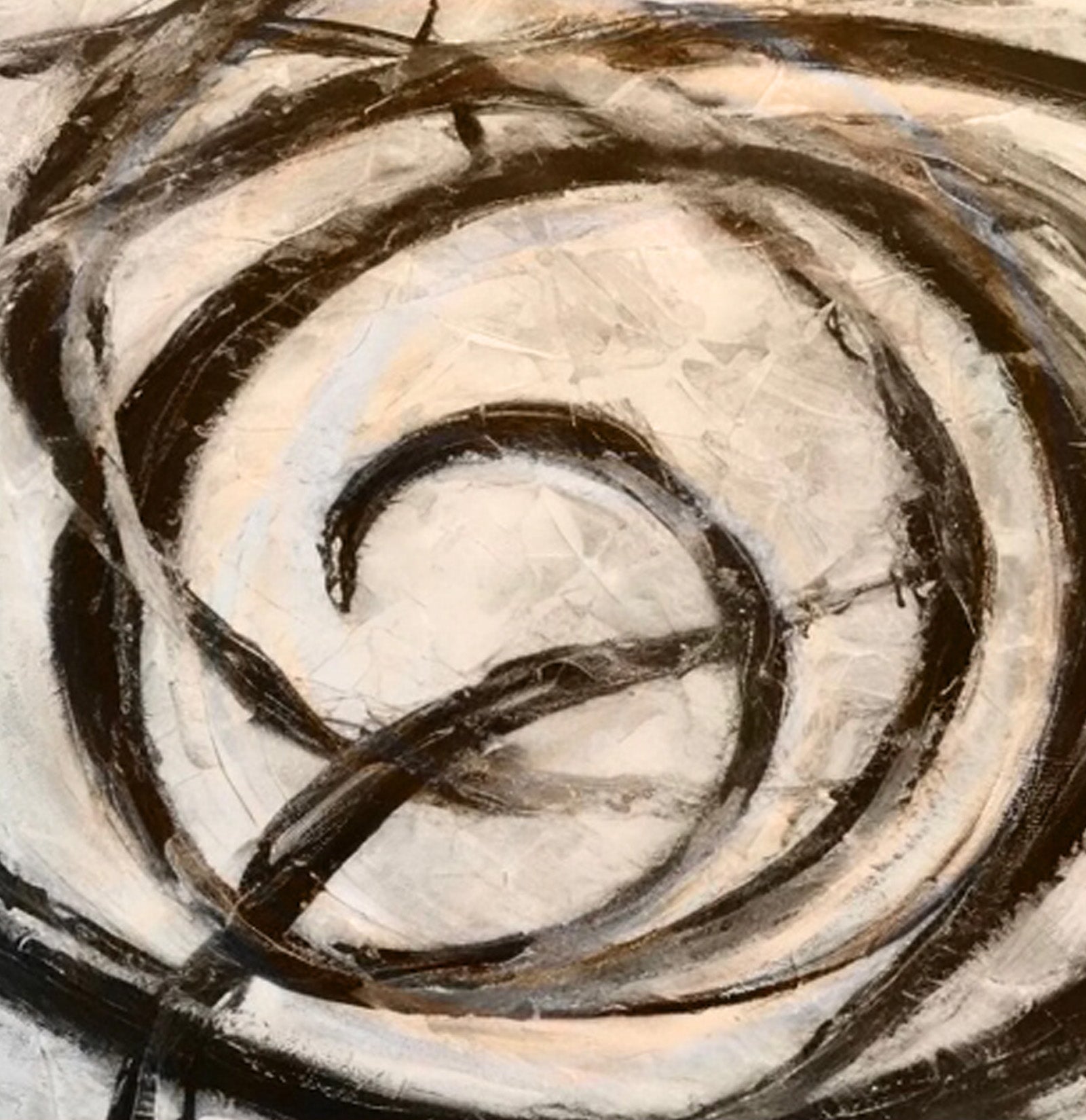 Hand-painted abstract wall art by John Rey U, featuring swirling black and white threads on museum-quality canvas.