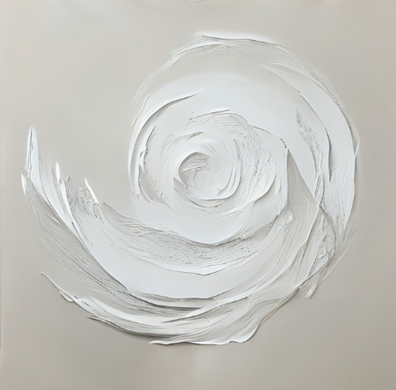 Hand-painted wall art featuring a white spiral design on museum-quality canvas by Kline Collective.