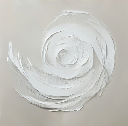 Hand-painted wall art featuring a white spiral design on museum-quality canvas by Kline Collective.