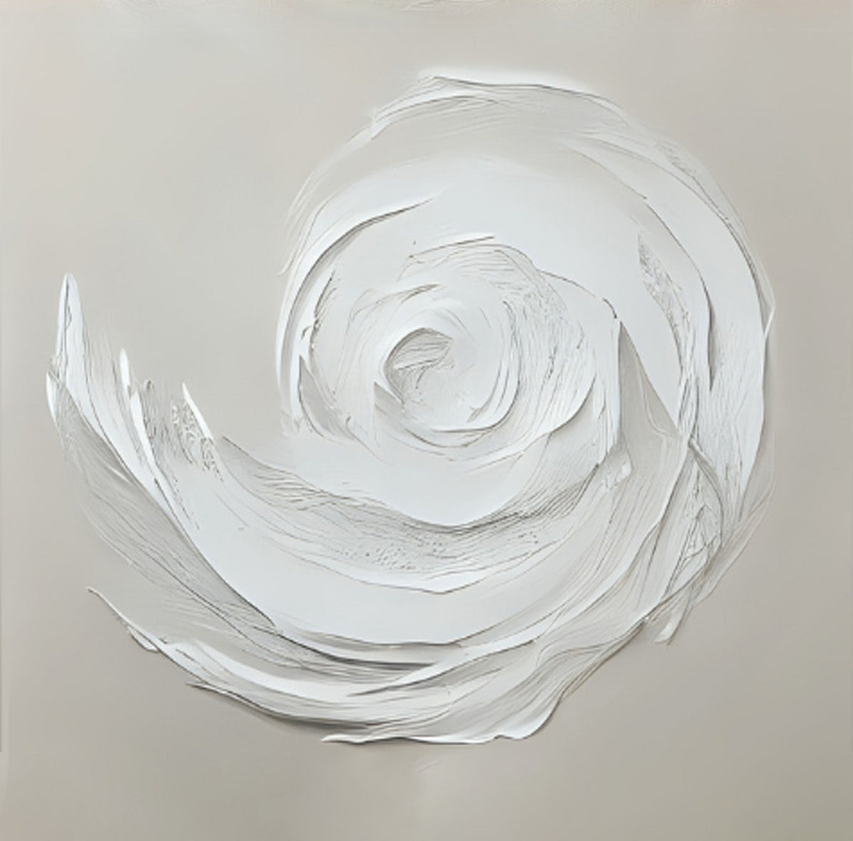 Hand-painted wall art featuring a white spiral design on museum-quality canvas by Kline Collective. Peintures d'art abstrait