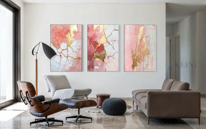 Abstract Pink and Gold Triptych - Hand Painting