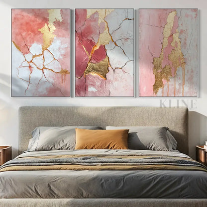 Abstract Pink and Gold Triptych - Hand Painting