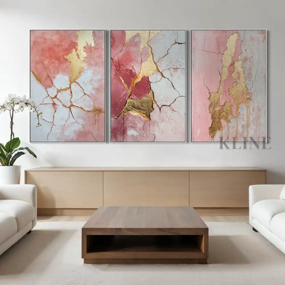 Abstract Pink and Gold Triptych - Hand Painting
