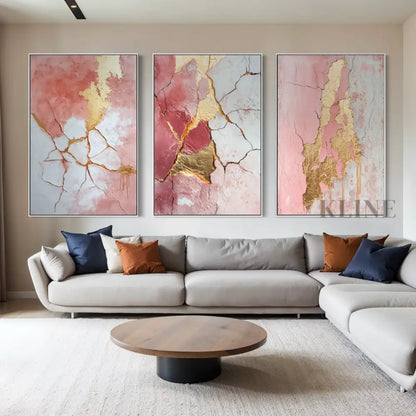 Abstract Pink and Gold Triptych - Hand Painting