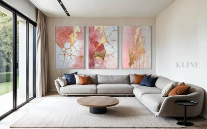 Abstract Pink and Gold Triptych - Hand Painting