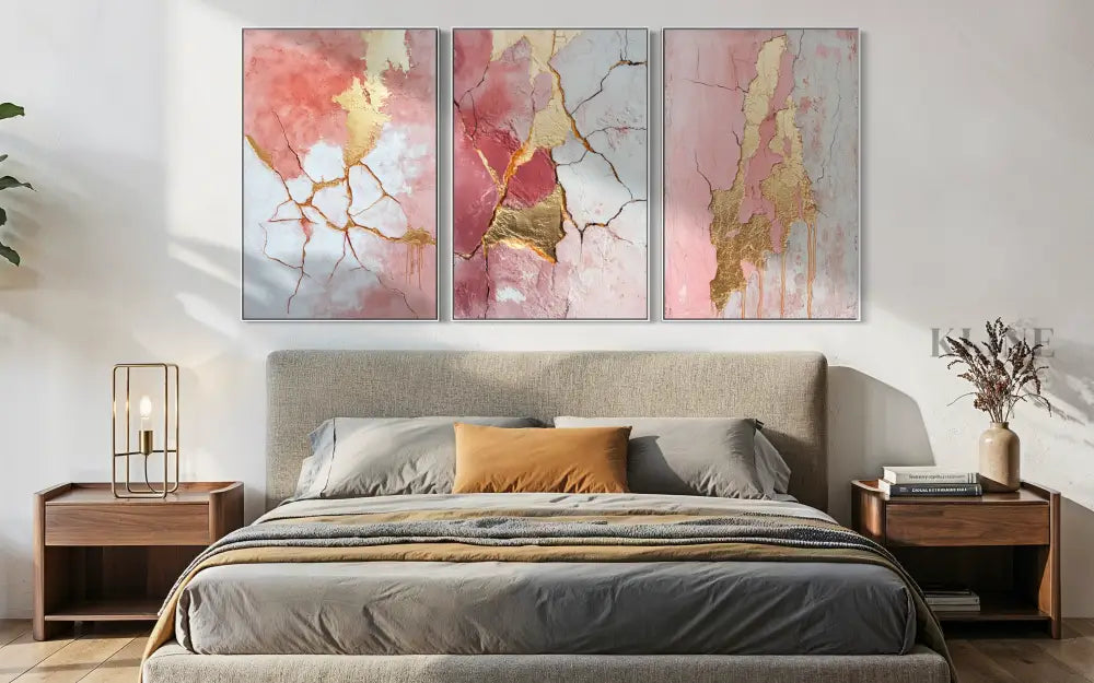 Abstract Pink and Gold Triptych - Hand Painting 