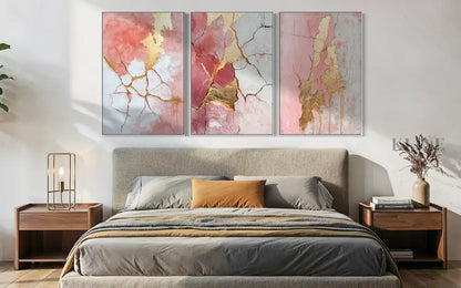 Abstract Pink and Gold Triptych - Hand Painting