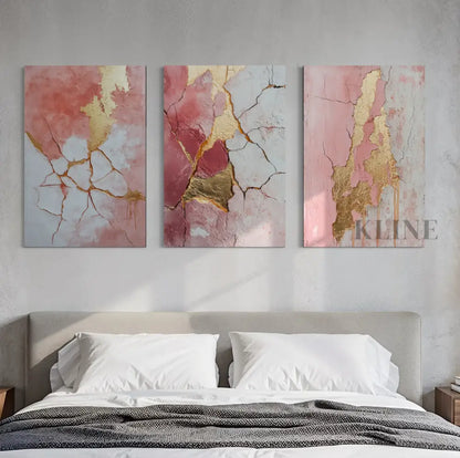 Abstract Pink and Gold Triptych - Hand Painting