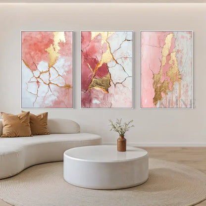 Abstract Pink and Gold Triptych - Hand Painting
