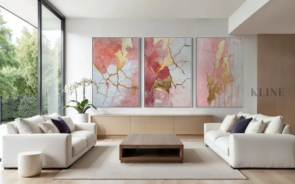 Abstract Pink and Gold Triptych - Hand Painting