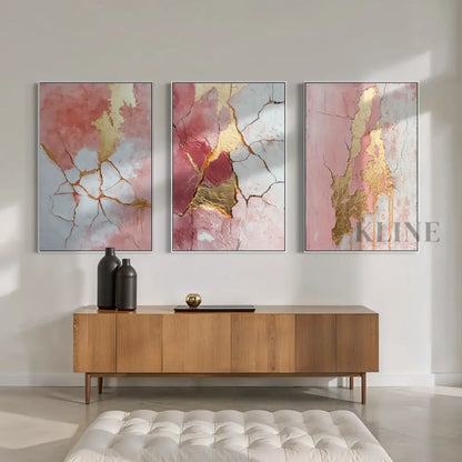 Abstract Pink and Gold Triptych - Hand Painting