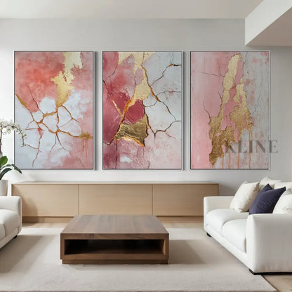 Abstract Pink and Gold Triptych - Hand Painting