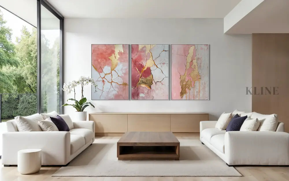 Abstract Pink and Gold Triptych - Hand Painting 
