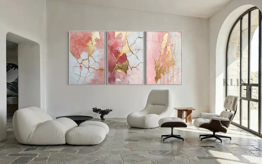 Abstract Pink and Gold Triptych - Hand Painting