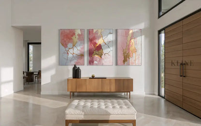 Abstract Pink and Gold Triptych - Hand Painting