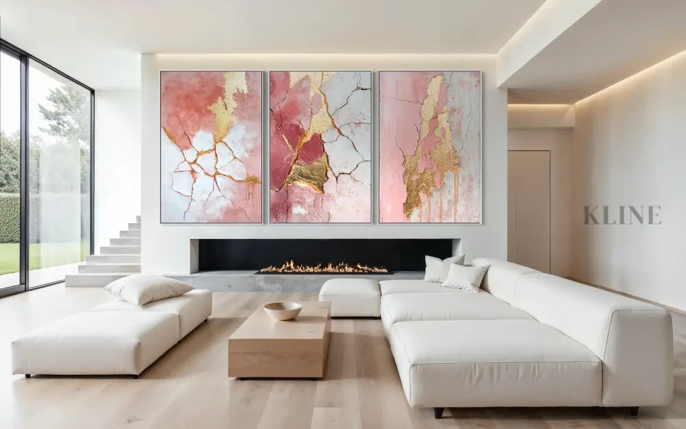 Abstract Pink and Gold Triptych - Hand Painting 