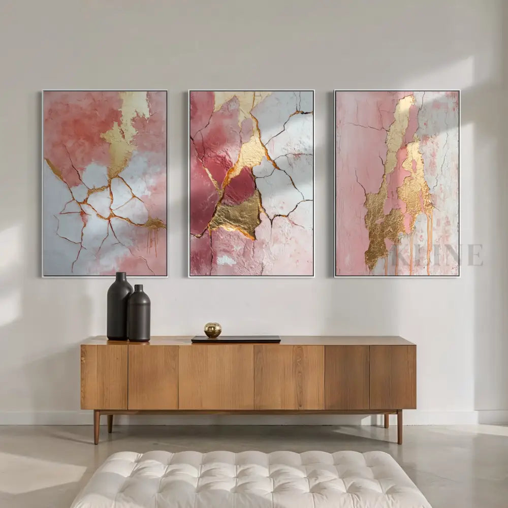 Abstract Pink and Gold Triptych - Hand Painting