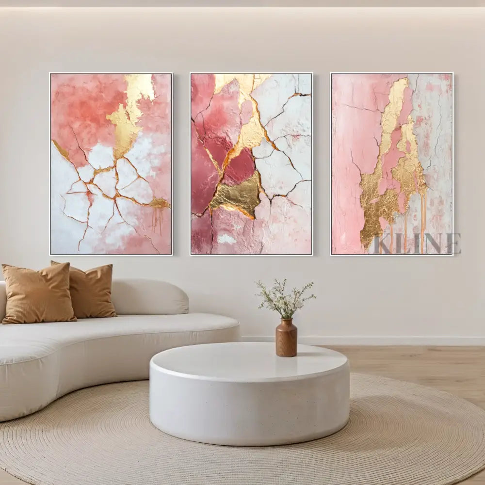 Abstract Pink and Gold Triptych - Hand Painting