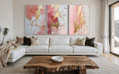 Abstract Pink and Gold Triptych - Hand Painting